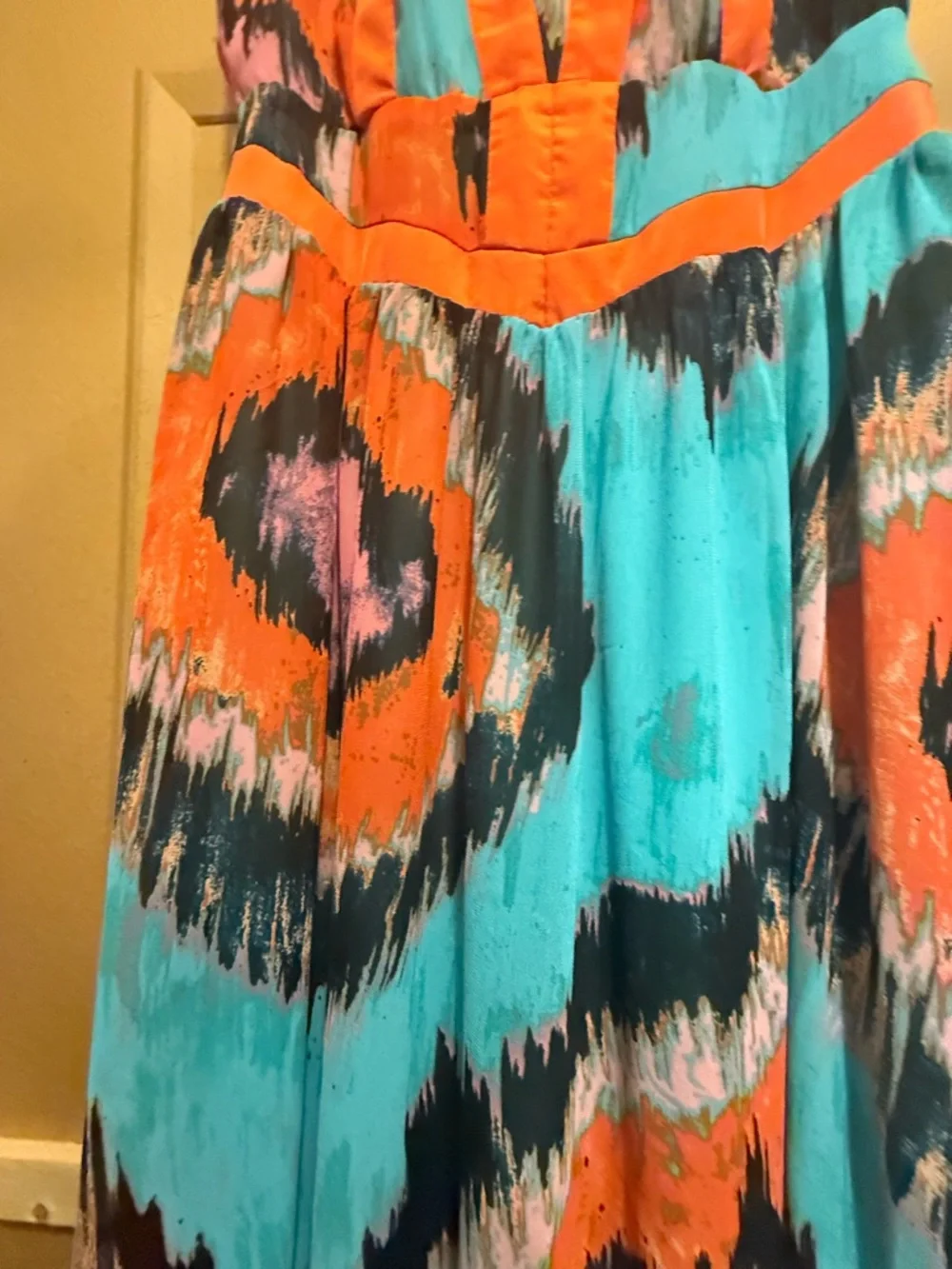 Gianni Bini Colorful Maxi Dress V-Neck Turquoise Orange Print Size M - Picture 4 of 15